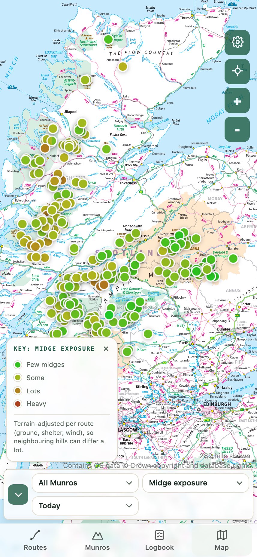 Scotland-wide Munro map showing terrain-adjusted midge exposure for today
