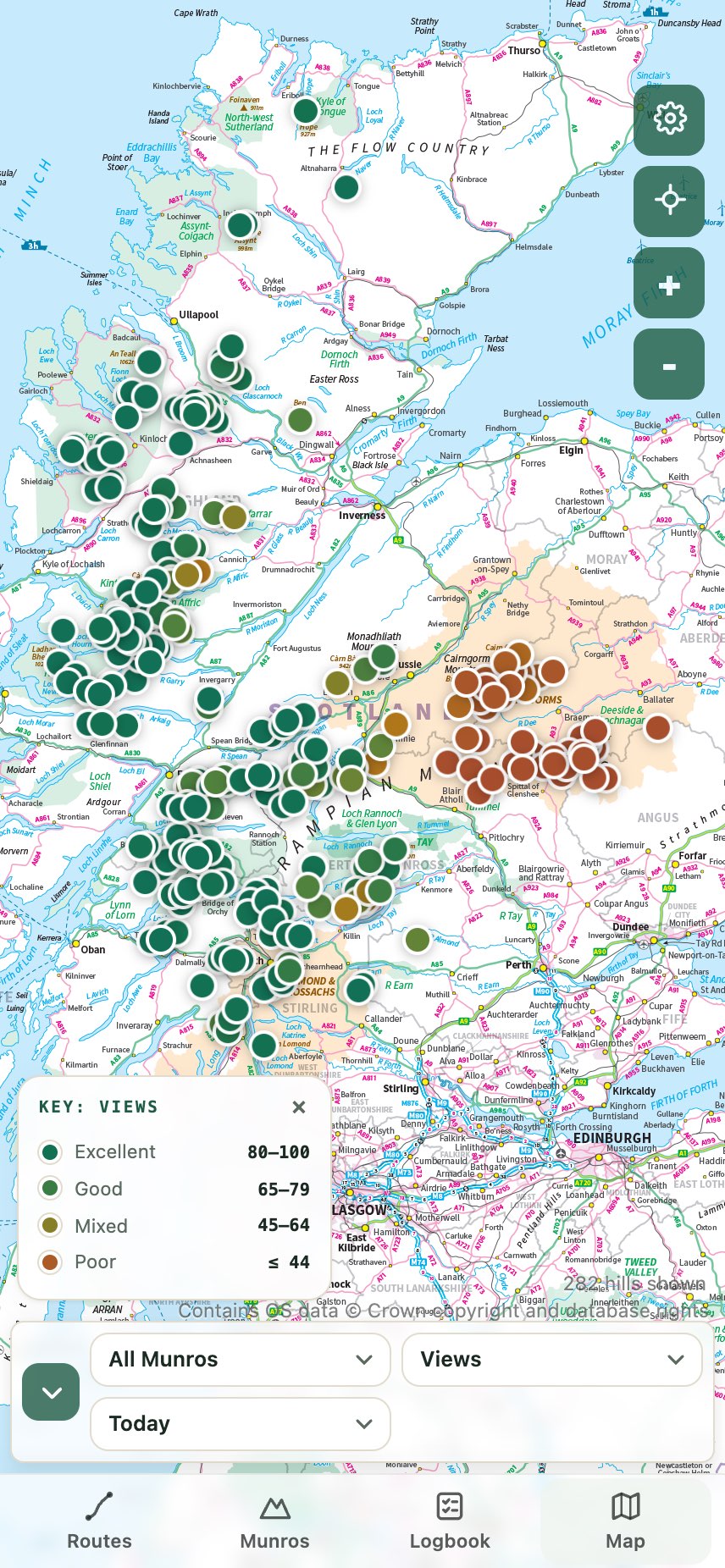 Munro Planner map of every Scottish Munro coloured by summit views score