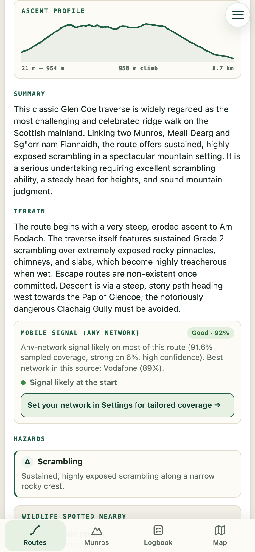 Expanded Aonach Eagach route showing ascent profile, terrain and mobile signal