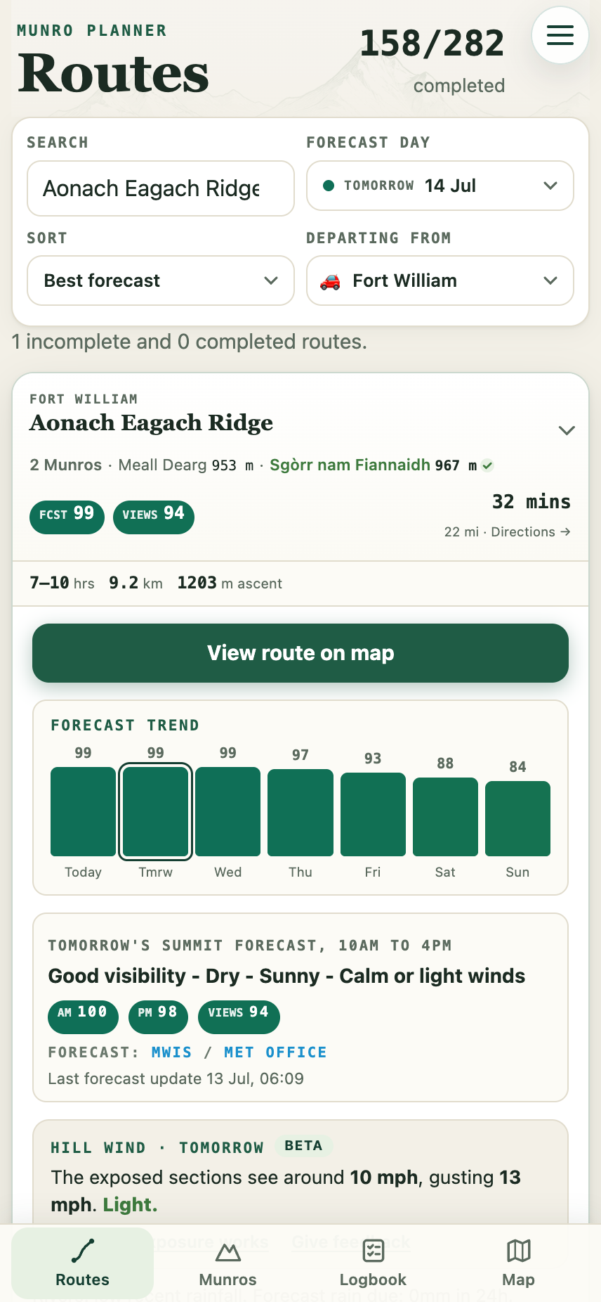 Munro Planner route detail showing the complete app header, forecast scores and seven-day trend
