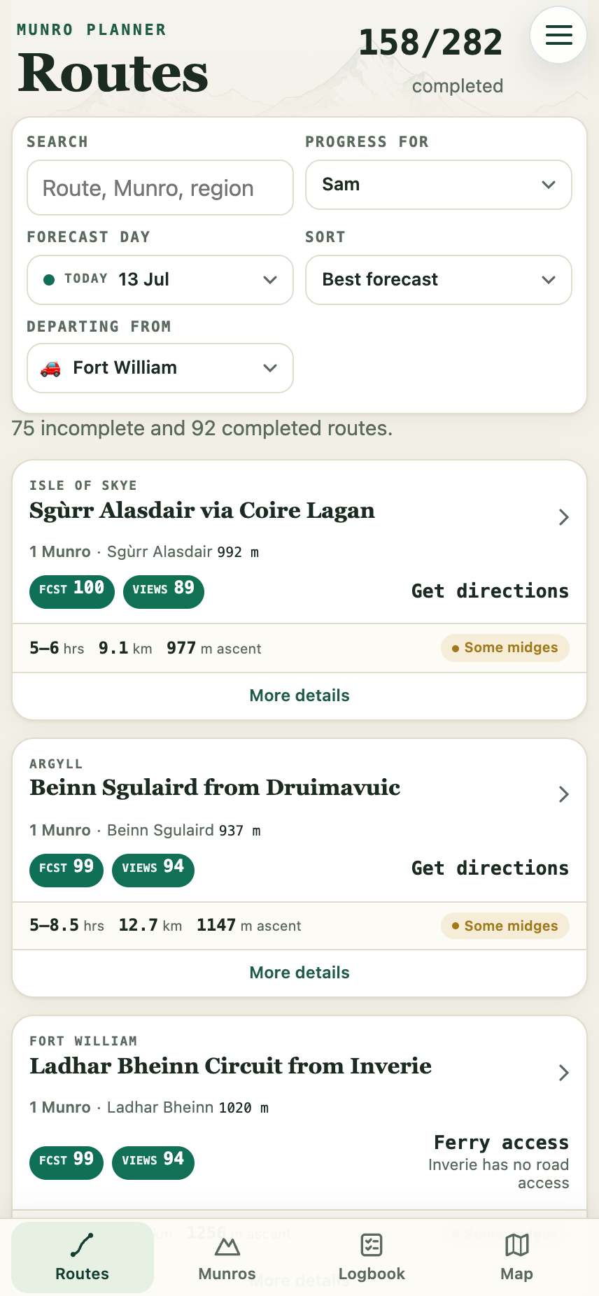 Munro Planner route list showing forecasts, views and Fort William drive times