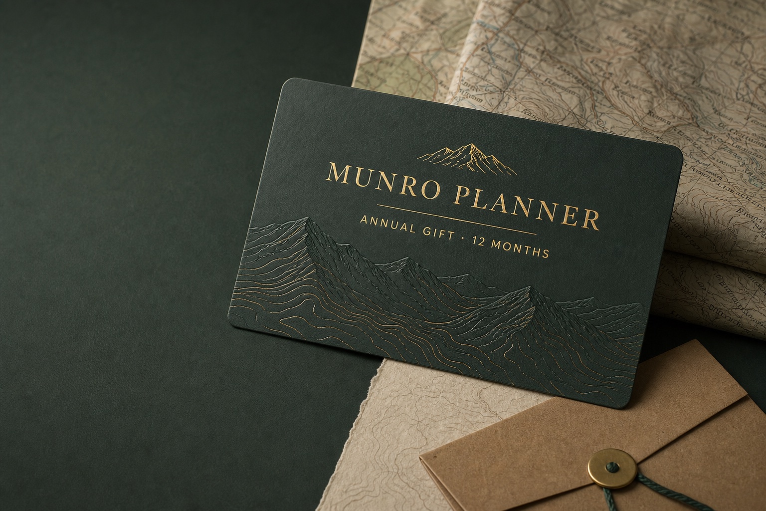 Premium Munro Planner annual gift card beside a folded mountain map and envelope