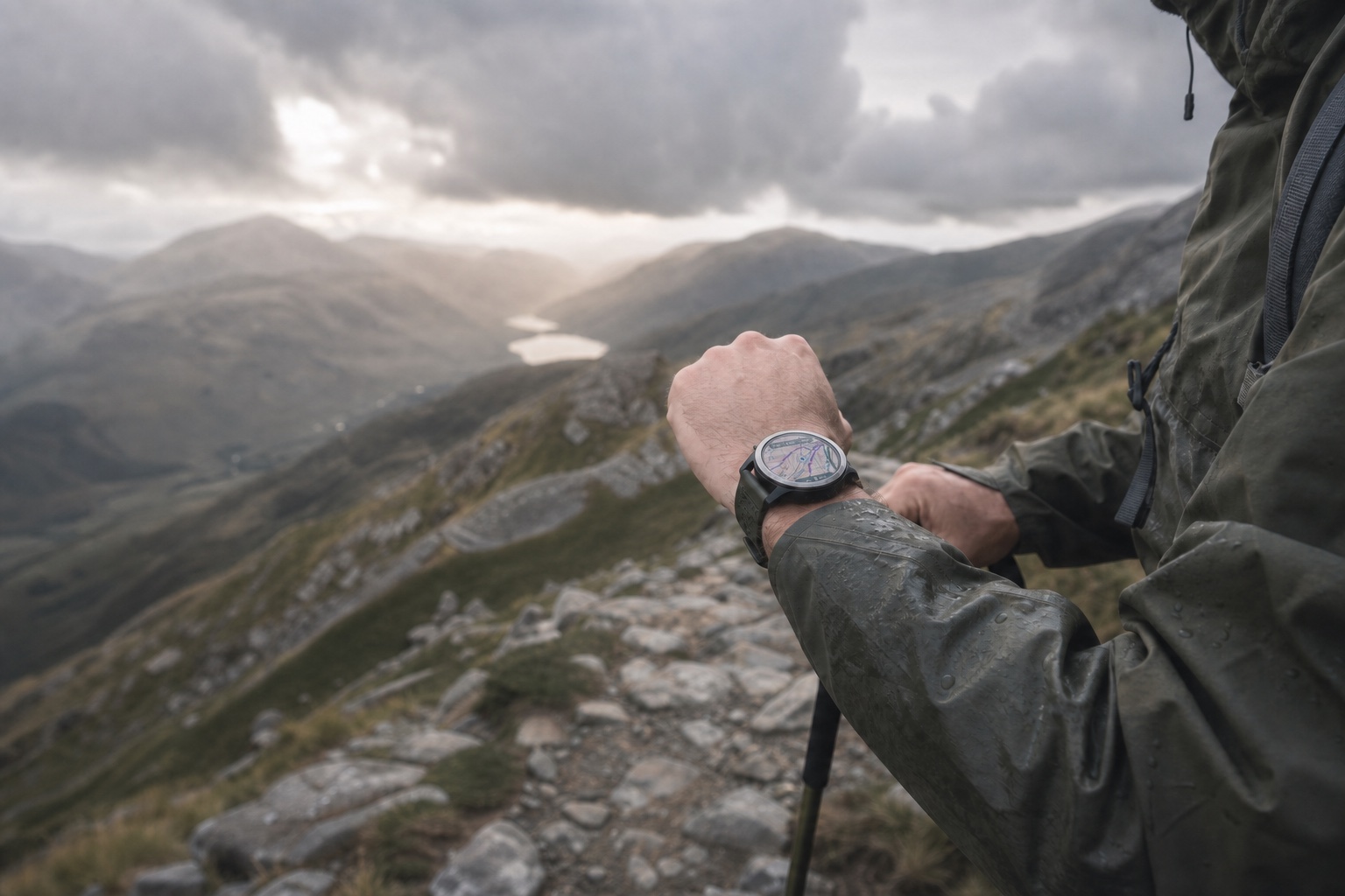 Hillwalker using Munro Planner OS map navigation on a Wear OS watch on a rocky Highland ridge